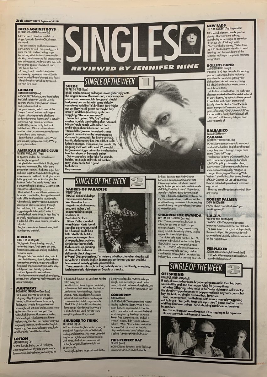 Singles! Jennifer Nine does Suede! Sabres Of Paradise! Offspring! Girls Against Boys! American Music Club! Laibach! Mantaray! Corduroy! Shudder to Think! NewFADS! And more! Melody Maker, 10 September 1994. #MelodyMaker 
#MyLifeInTheUKMusicPress #1994