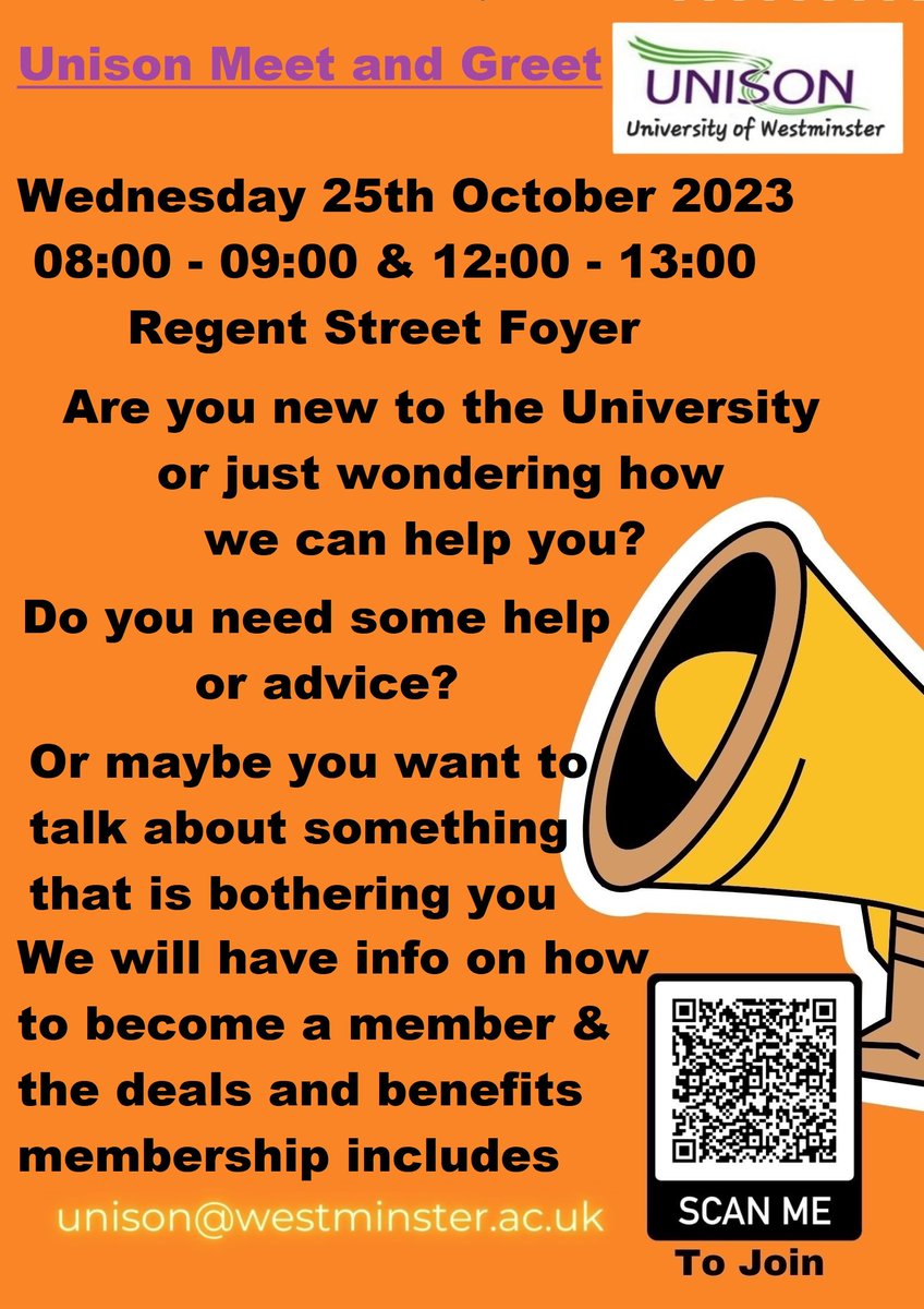 Only a couple of weeks to the next UoW Unison in person meet and greets at Regent Street, Wed 25 Oct 08:00 - 09:00 & 12:00 - 13:00 in the main Foyer  #SupportAndAdvice #RepresentationWhenYouNeedIt #BecomingAMember #UnisonDealsAndBenefits #WeAreWestminsterUnison