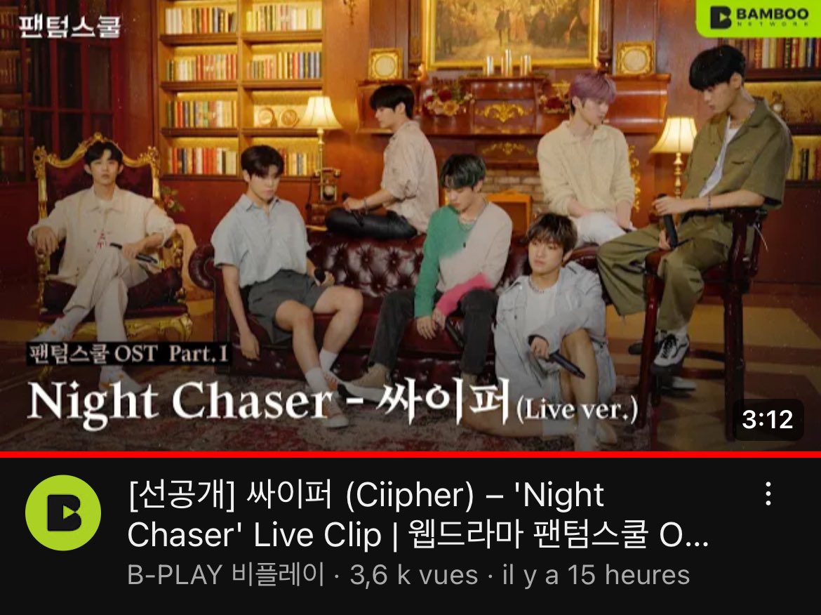 ✨-• YouTube  

L’OST « Night Chaser » pour le drama « Phantom School » est sorti, Clues, n’hésitez pas à montrer à nos garçons que nous sommes heureux de les revoir en allant visionné le LIVE CLIP.🥹

©️: youtu.be/-RNMzJEx15A?si…

#Ciipher #CPR #싸이퍼 #Ciipher_THECODE