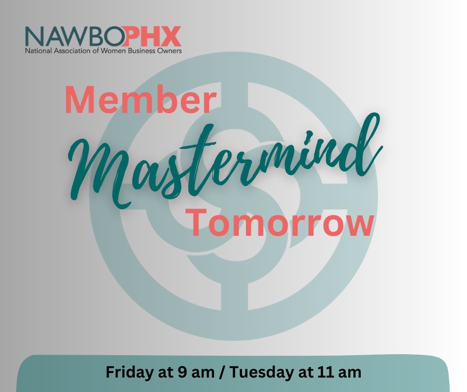 NAWBOphx's tweet photo. 🧠NAWBO Phoenix Local Members Mastermind Reminder
🌟Bring One issue and get advice, tips &amp; support. Most of all connect and build strong relationships.
📆 2nd Friday's 9-10:30 am
📆 4th Tuesdays 11 am - 12:30 pm

Register: https://t.co/ISFIH3rp5A https://t.co/0uhbmAkiez