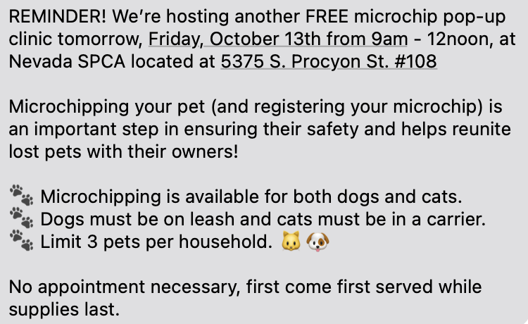 Joe Fortenbaugh on X: Attention fine people of Las Vegas! A free microchip  pop-up clinic for your pets  / X