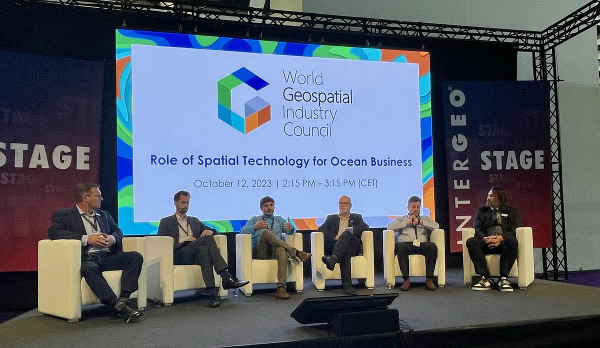 WGICouncil's tweet image. In today&apos;s panel discussion at #INTERGEO2023 on the Role of Spatial Technology for Ocean Business, moderated by @Aaron_WGIC, panelists presented insights on a diverse array of #GeospatialTechnologies &amp;amp; their applications in near-shore, transitional, &amp;amp; deep-water environments.