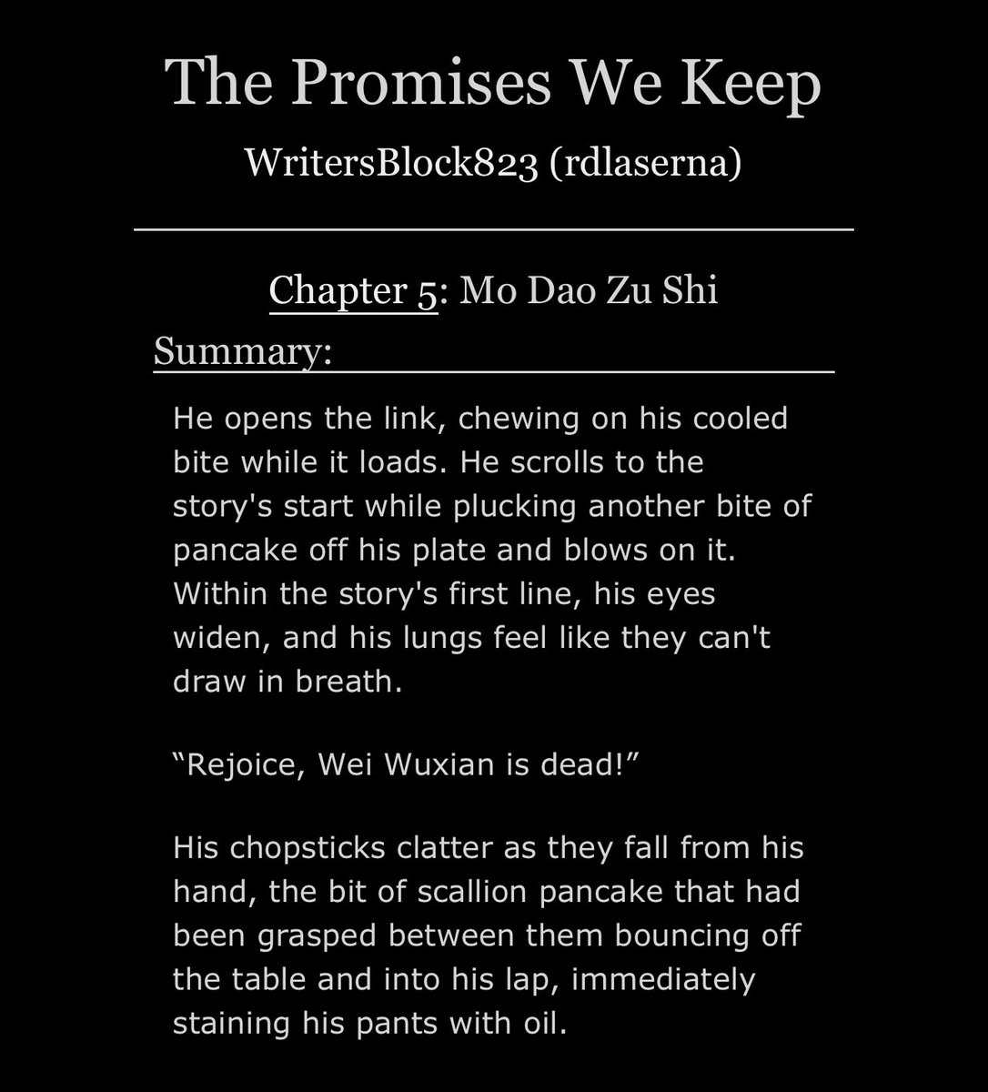 I have finally finished chapter five of The Promises We Keep (formally Promise of Forever, formally formally The Fire Within). For anyone new to my posted works, this is part two of the my crossover modern AU WangXian/YiZhan fan-fiction. archiveofourown.org/works/42867684…