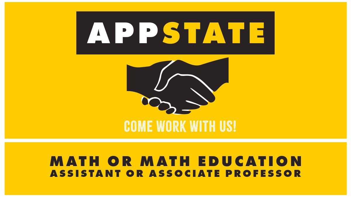 AppState Department of Mathematical Sciences (@appstatemathsci) on Twitter photo The Department of Mathematical Sciences at <a href="/appstate/">Appalachian State</a>/<a href="/AppStateCAS/">App State College of Arts and Sciences</a> is hiring one or more tenure-track assistant or associate professor(s) in mathematics or mathematics education.
appstate.peopleadmin.com/postings/42492
#mathjobs #higheredjobs #mathedjobs #iteachmath The Department of Mathematical Sciences at <a href="/appstate/">Appalachian State</a>/<a href="/AppStateCAS/">App State College of Arts and Sciences</a> is hiring one or more tenure-track assistant or associate professor(s) in mathematics or mathematics education.
appstate.peopleadmin.com/postings/42492
#mathjobs #higheredjobs #mathedjobs #iteachmath