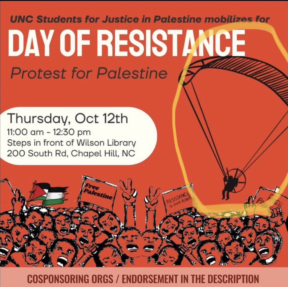 MrAndyNgo's tweet photo. At a Palestine rally at @UNC, radical left students threaten a man who they perceive to be an Israel supporter. Campus police lead the man away, apparently for his own safety. The leftist rally was promoted with a flyer featuring a Hamas terrorist. https://t.co/8r2iB9Pq3Z