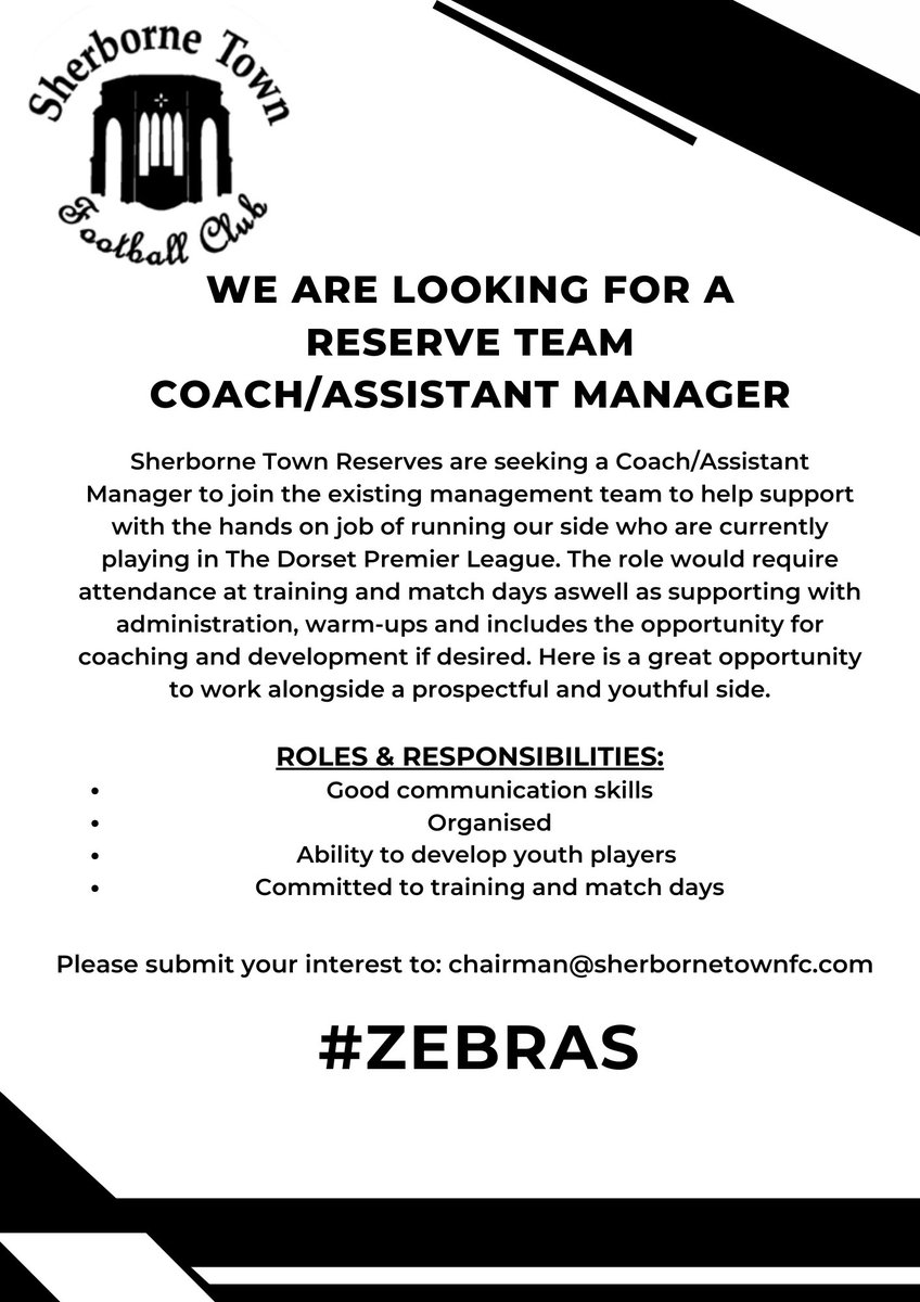 Sherborne Town FC (@sherbornetownfc) on Twitter photo We are on the look out for a reserve team coach/assistant manager to help support the current management team. If interested please DM or email your interest to chairman@sherbornetownfc.com #Zebras #COYZ <a href="/DPL_official/">Dorset Premier Football League</a> <a href="/swsportsnews/">South West Sports News</a> <a href="/Abbey_104/">Abbey104</a> <a href="/sherbornetimes/">Sherborne Times</a> <a href="/NonLeagueCrowd/">Non League Crowds</a> We are on the look out for a reserve team coach/assistant manager to help support the current management team. If interested please DM or email your interest to chairman@sherbornetownfc.com #Zebras #COYZ <a href="/DPL_official/">Dorset Premier Football League</a> <a href="/swsportsnews/">South West Sports News</a> <a href="/Abbey_104/">Abbey104</a> <a href="/sherbornetimes/">Sherborne Times</a> <a href="/NonLeagueCrowd/">Non League Crowds</a>