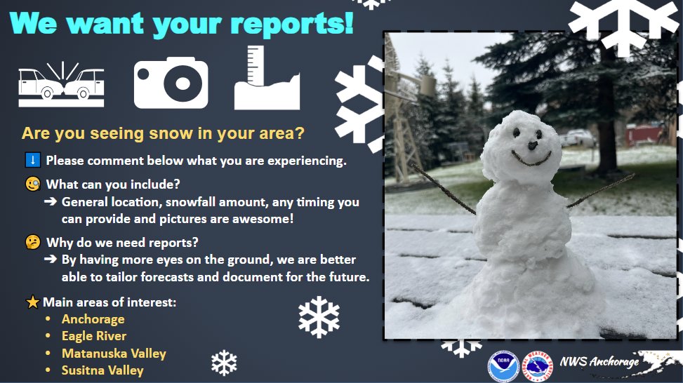 ❄️⛄️ First snowman of the season!!
📏 Our office has received 1.2" of snow since 7:30am this morning
🗓️ The average day that Anchorage receives measurable snowfall each year is October 16th, so we are ahead of schedule!
🧐 What are you seeing in your area? Comment below! ⬇️ #akwx