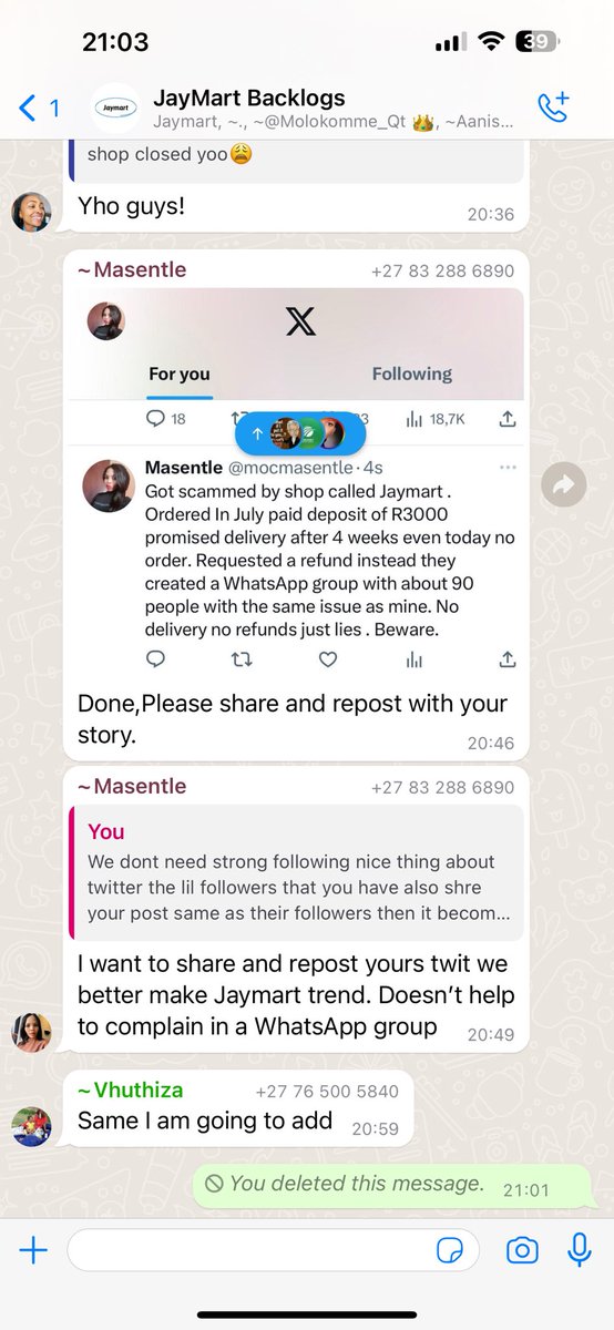 zintlejack's tweet photo. Beware of these scammers JAYMART FURNITURE they scammed people instead of giving them their purchased goods or refund they put them in a whatsapp group and continued to lie to them no deliveries no refunds we are just sitting and waiting like clawns see pic below, kindly share https://t.co/hMpBNl2yJ1