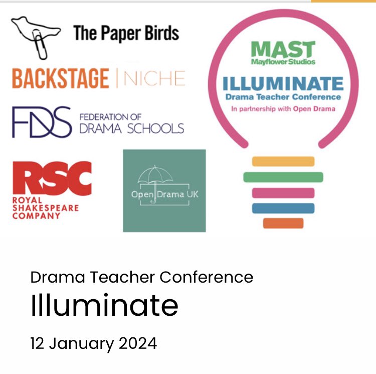 Join us <a href="/MASTStudios/">Mayflower Studios</a> in Southampton 12th Jan 2024 for year 2 of our Illuminate Drama Teachers Conference in partnership with <a href="/open_drama_uk/">Open Drama UK</a> Workshops with <a href="/ThePaperBirds/">The Paper Birds</a> , <a href="/TheRSC/">The RSC</a>, Fed of Drama Schools, <a href="/Backstage_Niche/">Backstage Niche</a> &amp;
more to be added! Book now: mayflowerstudios.org.uk/what-s-on/illu…
