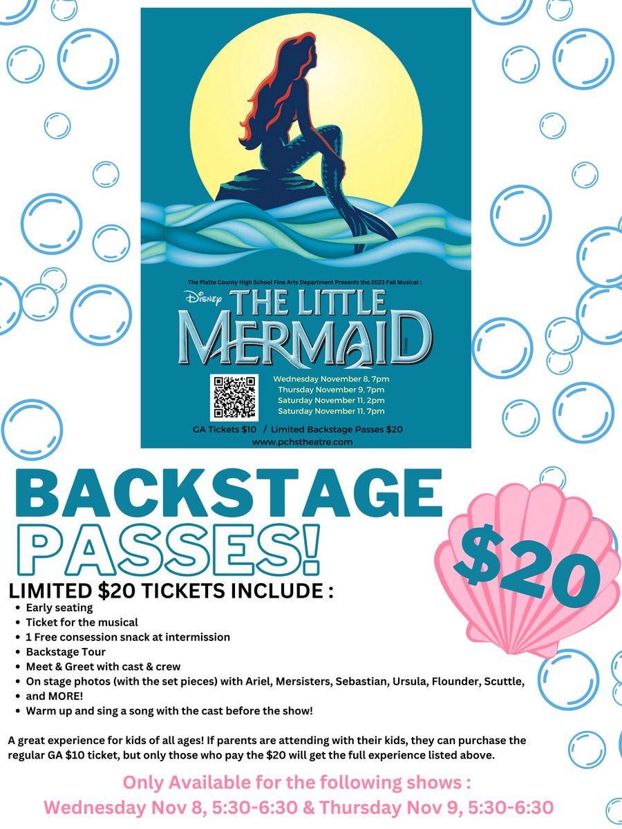 PlatteCountyR3's tweet photo. Mark your calendars for @pchs_theatre's Fall Musical: The Little Mermaid! Nov. 8 &amp; 9 at 7pm; Nov. 11 at 2pm and 7pm. Tickets are $10 at https://t.co/EncQSP5jSr. Limited backstage passes available for $20. You won't want to miss this show! See flier for details. 🧡🖤🎭🎟🖤🧡 https://t.co/AaObGdX4wK