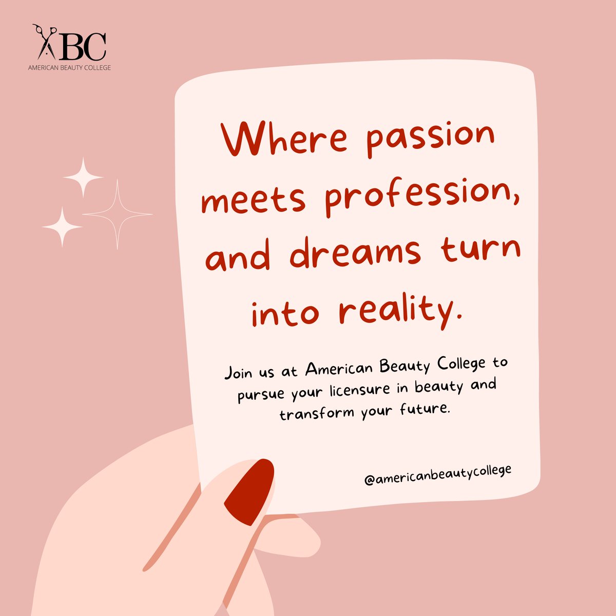 ABCBeauty's tweet photo. Turn your passion into a profession at American Beauty College. Join our manicuring and esthetics programs for endless creativity and career opportunities. Start your dream career today!  #BeautySchool #DreamBig #AmericanBeautyCollege https://t.co/ip0vFFoEHD