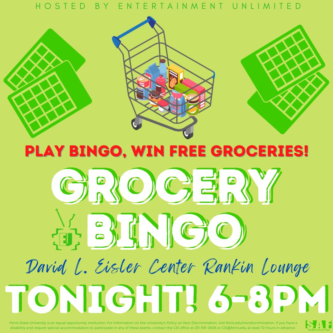 FerrisEU's tweet image. Don't miss Grocery Bingo TONIGHT at 6PM at the David L. Eisler Center Rankin Lounge Fireplace to play bingo and win free groceries!!

#ferrisstate #fsu #groceryhaul #groceryshopping #bingo #ferrislife #college #event #university #entertainment