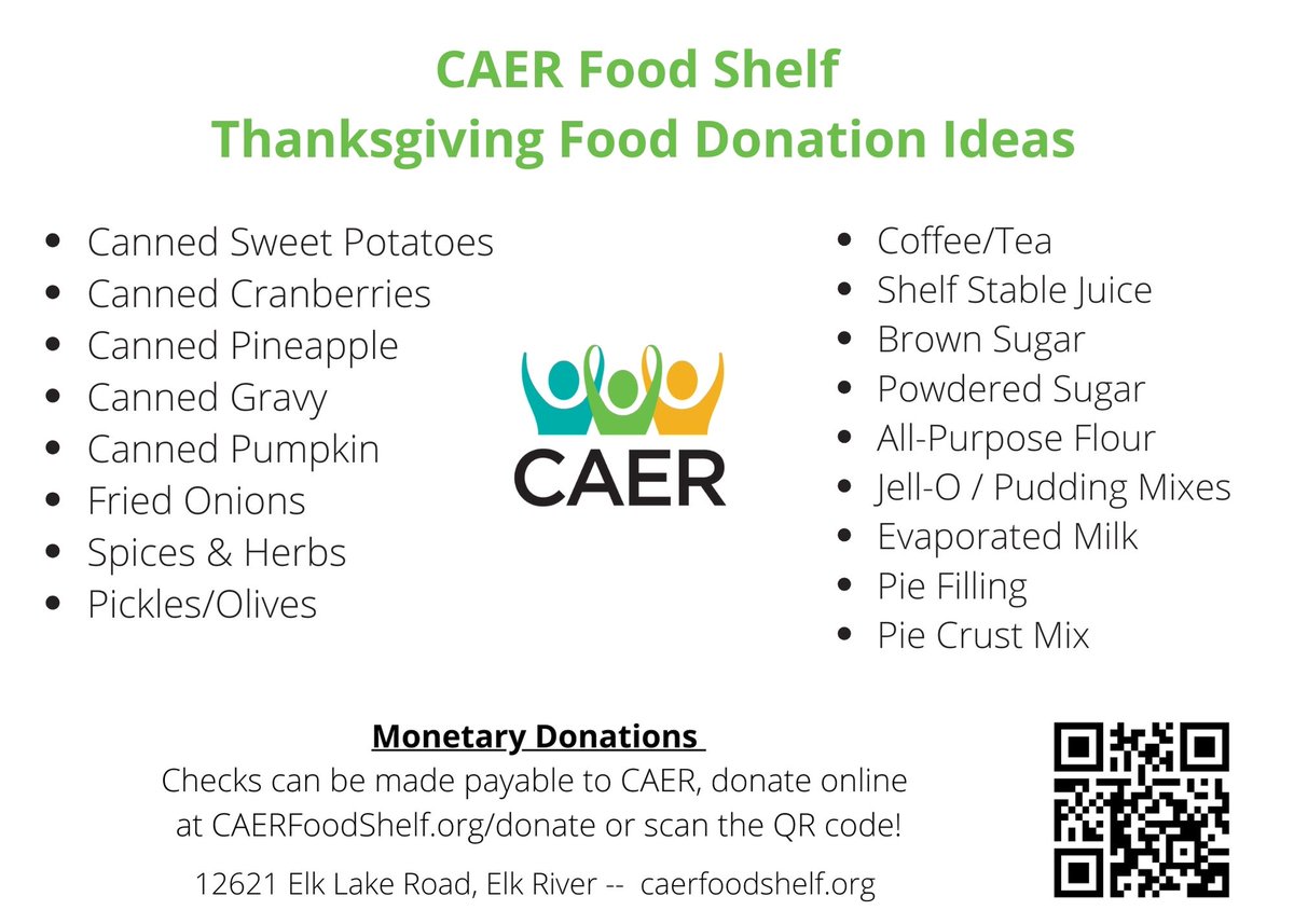 If you would like to donate food to CAER, here's a few ideas of our 'most needed' items list to help stock our shelves for the Thanksgiving holiday.