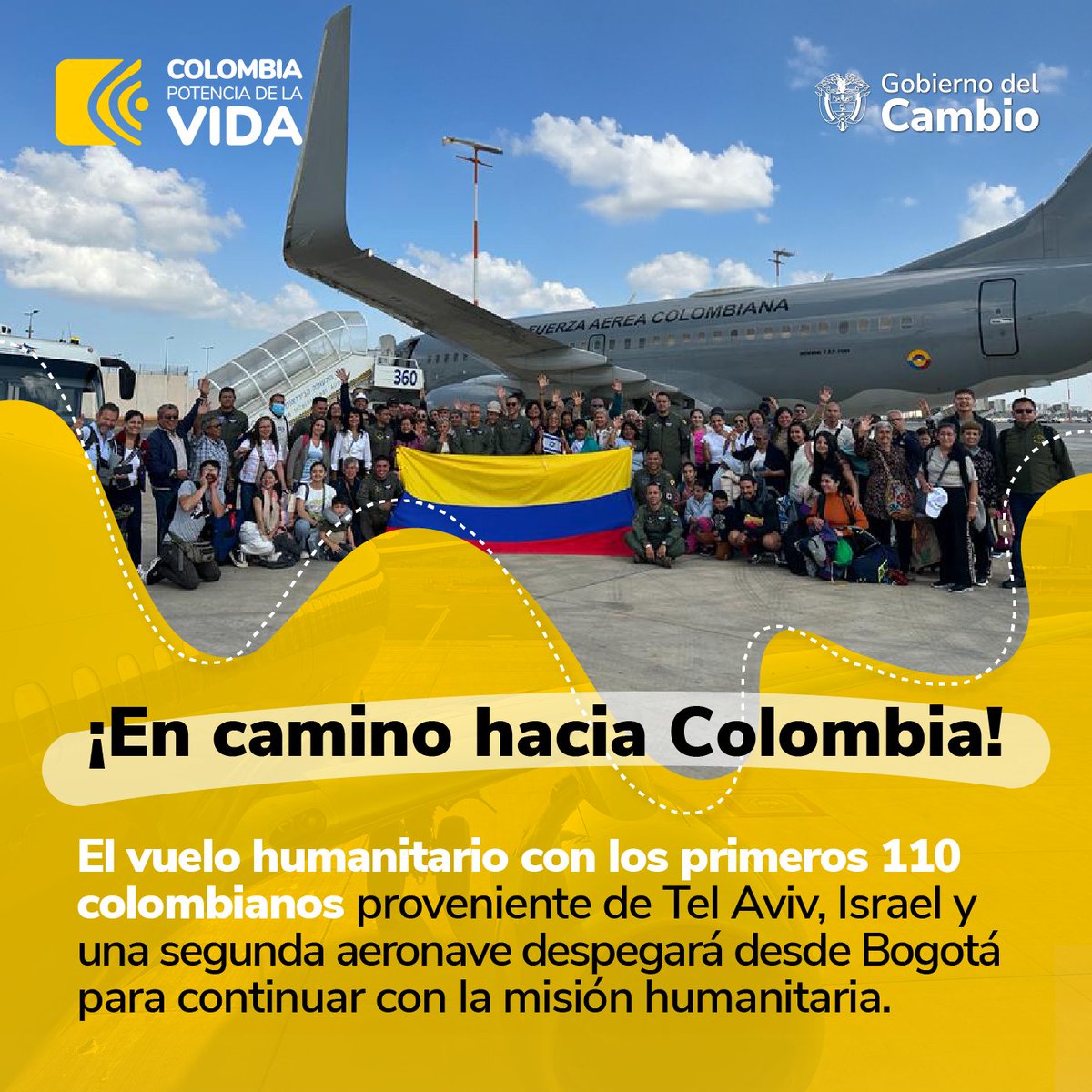 Una aeronave de la @FuerzaAereaCol despegó este jueves desde Tel Aviv con 110 colombianos que se encontraban en Israel, para transportarlos de regreso a Colombia por orden del Presidente @petrogustavo. 🫱🏻‍🫲🏽 petro.presidencia.gov.co/prensa/Paginas…