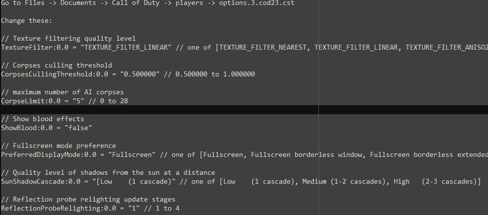 KIRNEILL's tweet photo. Boost FPS and make COD #MW3 smoother with these changes👀

Go to Files -> Documents -> Call of Duty -> players -> options.3.cod23.cst

Change these exact settings: https://t.co/MsLHqAN2RF