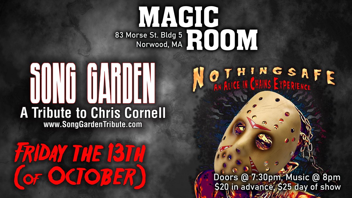 SongGardenBand's tweet photo. #Tomorrow at Magic Room in #NorwoodMA we pay tribute to the music of #Soundgarden and #AliceIncChains with a huge night of #tributebands on #Fridaythe13th! Put on a #HalloweenCostume or your best #grunge outfit and let's rock!

#90sMusic

Tickets at https://t.co/3muoZlD72t https://t.co/baAzKBePSi