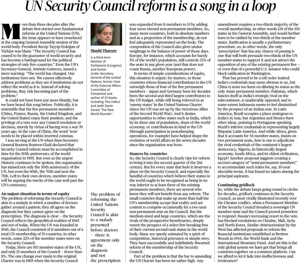 ShashiTharoor's tweet photo. My piece in @TheHinduComment (written before the Gaza crisis) examines the increasing dysfunctionality of the @UN Security Council and laments that its reform is going nowhere https://t.co/rWlIy4mvjE