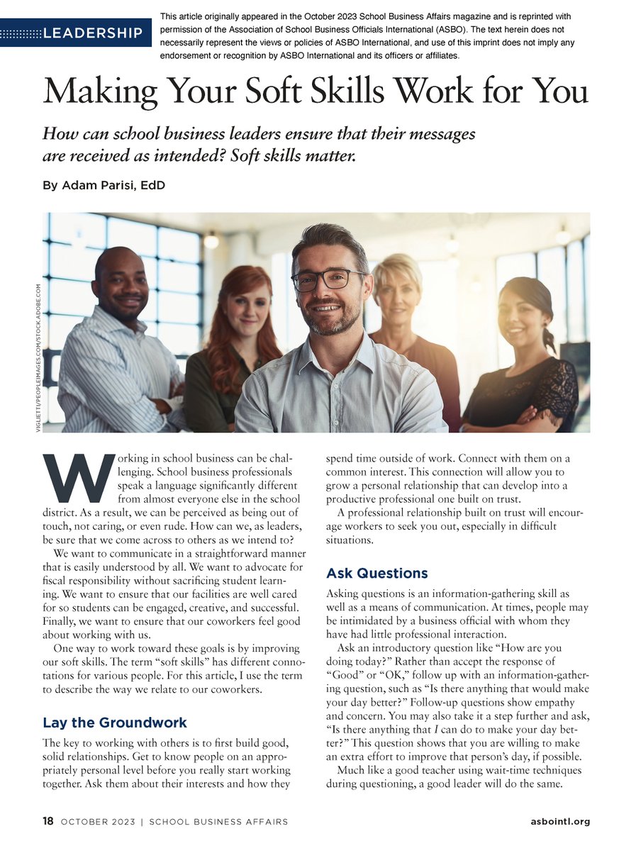 AdamParisi21's tweet photo. I am very humbled to have an article that I wrote be published in @ASBOIntl School Business Affairs monthly magazine! Thank you to my @IllinoisASBO, @EdRedNews and @IllinoisASA colleagues for your support! @D64News #edfinchat https://t.co/iydvzHLZGM