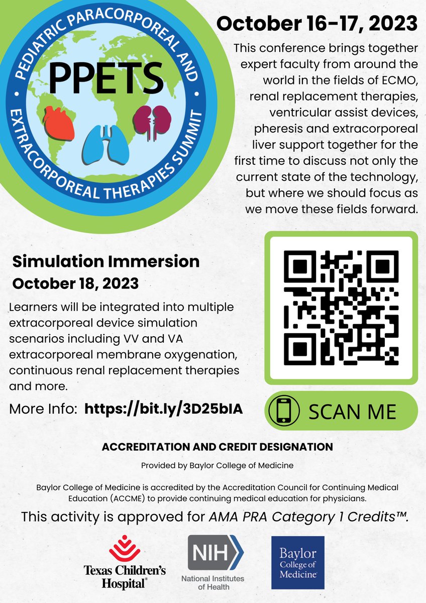 Pediatric Paracorporeal and Extracorporeal Therapies Summit 2023
October 16,17 Houston, Texas
Hybrid event for easy global access
Don't miss it!!

#PedsICU #PedsNeph #ECMO #ECLS #VAD #MCS