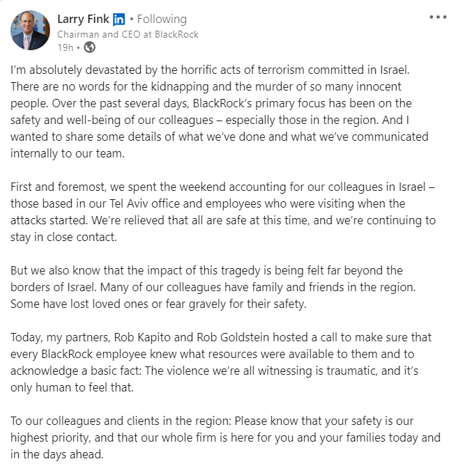 Our CEO Larry Fink's statement on the recent tragedy in Israel: 1blk.co/3RU5KNm