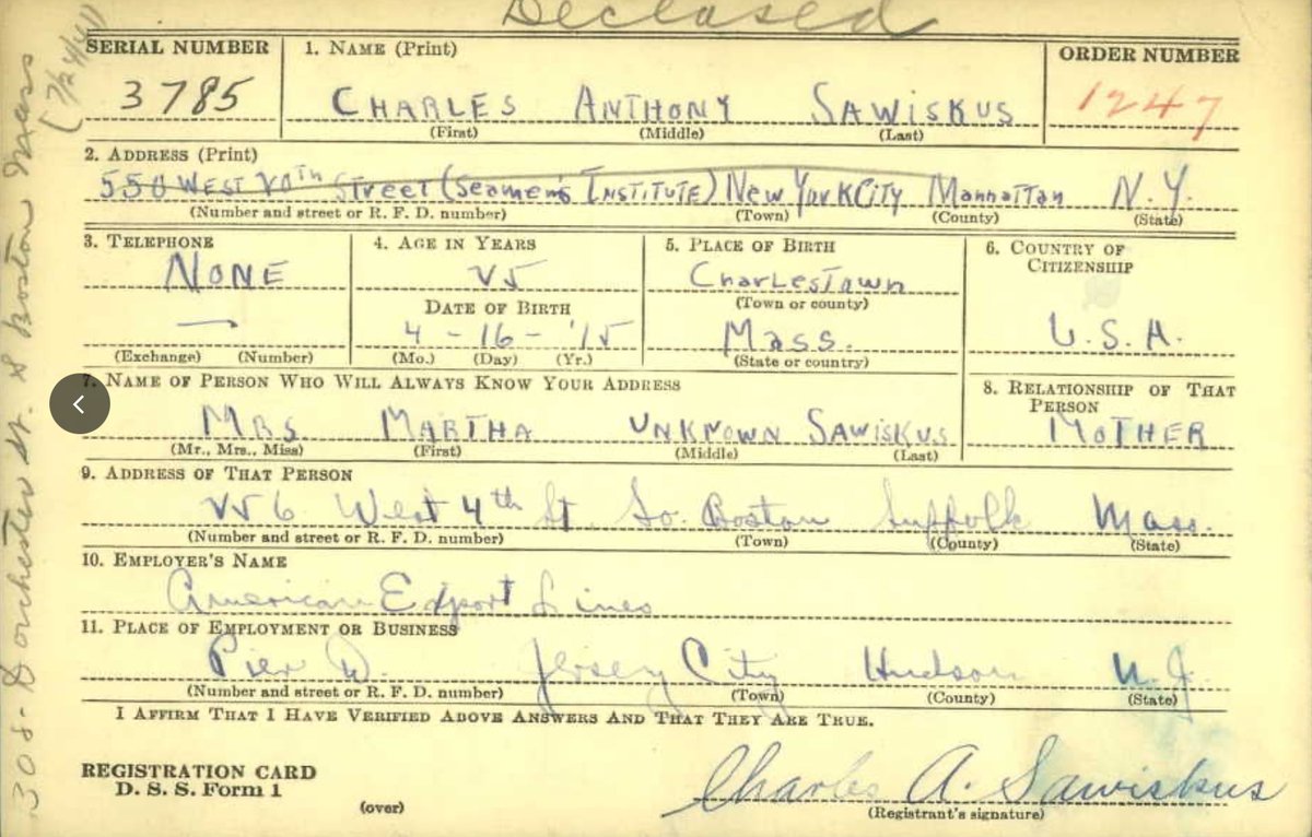 USMMWWII's tweet image. #Remembering 27 yr old  Charles Anthony Sawiskus, from Boston MA. He was killed on the SS REUBEN TIPTON. Charles lived at the Seamen’s Institute in NY and worked for American Export Lines out of Hudson NY. #FairWinds ⚓️🇺🇸