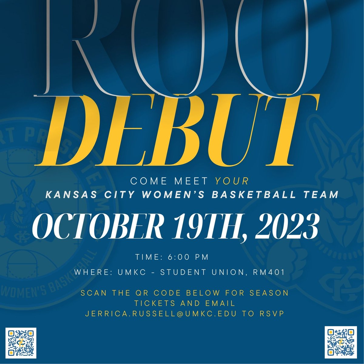 Kansas City Women's Basketball (@kcrooswbb) on Twitter photo We are one week away from our ๐ก๐ธ๐ธ ๐๐ฎ๐ซ๐พ๐ฝ!
Join us on Thursday, October 19th, to meet your 23-24 Kansas City Women's Basketball team!
Scan the QR code below for season tickets and email jerrica.russell@umkc.edu to RSVP.
#RooUp #FIREBACK #MeetTheRoos We are one week away from our ๐ก๐ธ๐ธ ๐๐ฎ๐ซ๐พ๐ฝ!
Join us on Thursday, October 19th, to meet your 23-24 Kansas City Women's Basketball team!
Scan the QR code below for season tickets and email jerrica.russell@umkc.edu to RSVP.
#RooUp #FIREBACK #MeetTheRoos