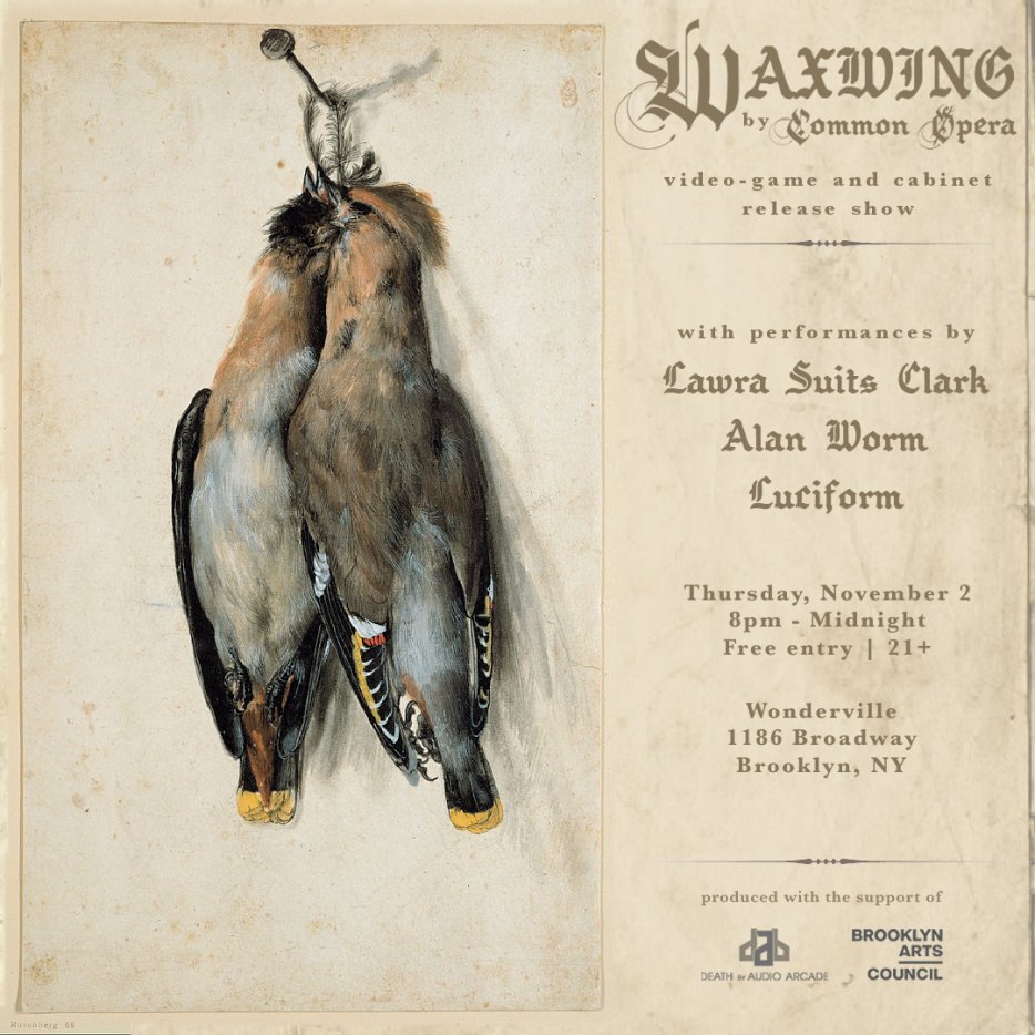 commonopera's tweet photo. NEW GAME ALERT / NEW CABINET ALERT / RELEASE EVENT ALERT !!!

Excited to welcome "WAXWING", a new game developed with support from @DBAArcade and @BKArtsCouncil, with a night of festivities at @wondervillenyc November 2 featuring performances by @lawraclark &amp; @omnikrll &amp; @Synodai https://t.co/xSdITSHCol
