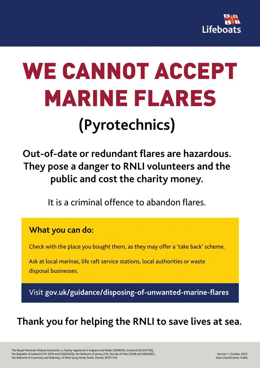 The @RNLI do not accept donations of flares. Please do not leave them outside of a lifeboat station. To find out where you can safely dispose of flares, have a look at gov.uk/guidance/dispo… #RNLI #RiverThames #Charity #Volunteer #Rescue #Lifeboat #Lifeboats #SavingLivesAtSea