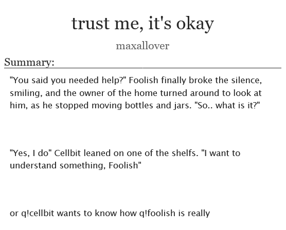 maxallover's tweet photo. ~ trust me, it's okay

- q!foolbit, gen
- hurt/comfort
- 3.2k words 

enjoy :D 
 
https://t.co/UfZQuIkTqF https://t.co/Aqs2yJhs3M