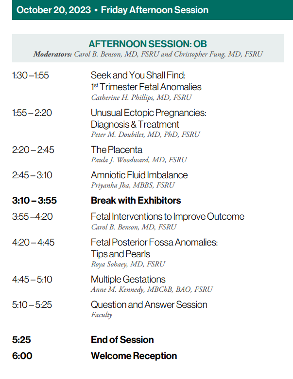 Get excited for #SRU2023! Friday PM OB: Drs. CH Phillips; PM Doubilet, PJ Woodward, P Jha, CB Benson, R Sohaey, &amp; AM Kenndy

Background Reading:
1st T anomalies: 
pubs.rsna.org/doi/abs/10.114…
ncbi.nlm.nih.gov/pmc/articles/P…

Ectopic pregnancy: 
ncbi.nlm.nih.gov/pmc/articles/P…