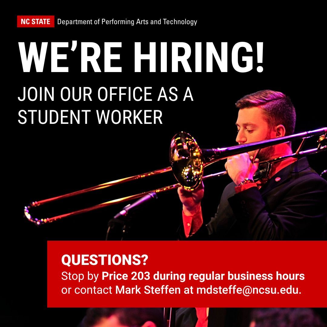 NCStateDance's tweet photo. We're Hiring! ✨ Join the NC State Department of Performing Arts and Technology as a student worker. 
We invite you to apply! Email mdsteffe@ncsu.edu to inquire. 
#JobOpening #StudentWorker #NCSUDPAT #NCStateDance #NCSU #RaleighNC #Dancers #HipHop https://t.co/ssb9Ihw8DA