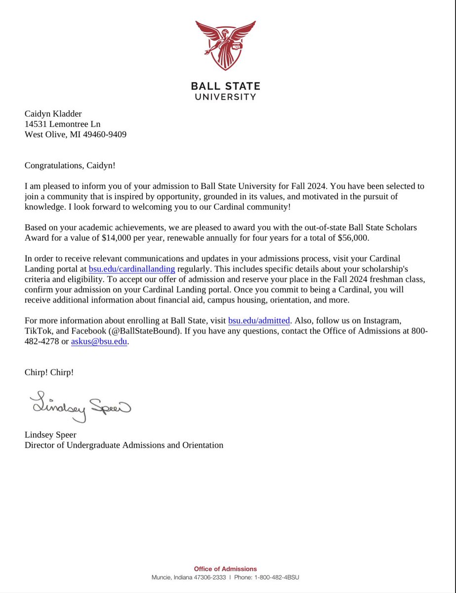 I’m so thankful for the acceptance letter from <a href="/BallState/">Ball State</a> and for being granted the Out-of-State Scholars Award. I also have been invited to earn the Emens Leadership Scholarship.
<a href="/CoachPerrone/">Coach Perrone (My Recruits)</a> <a href="/_Todd_Olson/">Todd Olson</a> <a href="/BallStateFB/">Ball State Football</a> @BSUCoachNeu <a href="/Coach_TsTock/">Tyler Stockton</a> <a href="/WOPublicSchools/">West Ottawa Public Schools</a> <a href="/wopantherscoach/">Pat Collins</a>