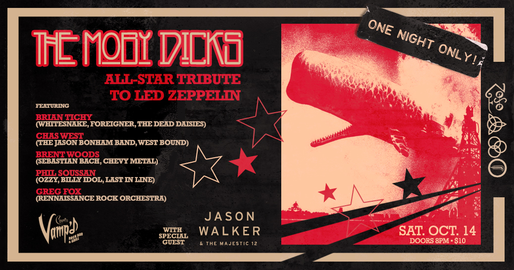 VampdVegas's tweet photo. This Saturday night! Rock &amp; Roll with the best of Led Zeppelin performed by the best! The Moby Dicks All Star Tribute! And don't miss Jason Walker &amp; The Majestic 12 opening the show at 9PM Just $10 at the door #ledzeppelin @VampdVegas #rockandroll #eatdrinkrock https://t.co/Jw9z99zaRH