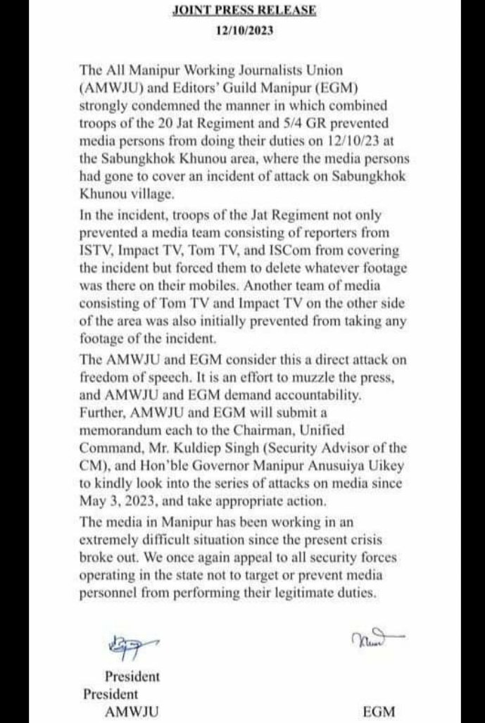 ManipurTimes's tweet photo. AMWJU and EGM appeal all the security forces operating in the state of #Manipur not to target or prevent media personnel from performing their ligitimate duties during this #ManipurCrisis
I Stand 4 Manipur #IStand4Manipur
I Stand 4 Media Houses #SupportMediaHouses https://t.co/MYJzyy5pWx