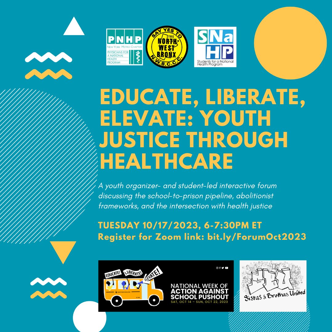 RSVP bit.ly/ForumOct2023 to join us TUE OCT 17 / 6pm for a student & youth organizer-led discussion of the school-to-prison pipeline, reimagining justice & implementing abolitionist principles in our educational institutions & healthcare systems.
#dscwoa2023
#PassNYHealth