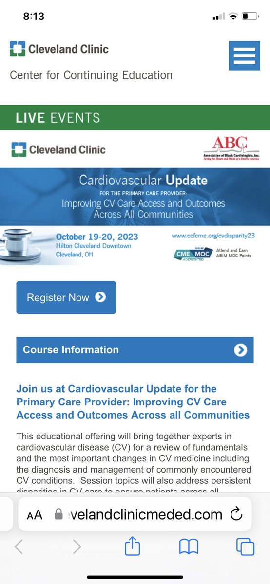 7 days till “Improving CV Care and Access Across all Communities” a collaborative CME event from @ABCardio1 @ClevelandClinic @CleClinicHVTI Join us in @TheCLE for evidenced based discussion of problem & more importantly Solutions! Bring a friend!!