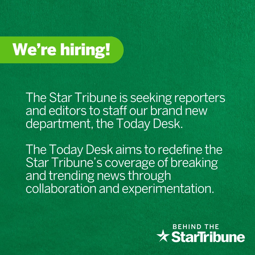 We’re hiring! Join the Upper Midwest’s largest news organization:

Today Desk team leader: recruiting2.ultipro.com/STA1013/JobBoa…

Today Desk reporter: recruiting2.ultipro.com/STA1013/JobBoa…