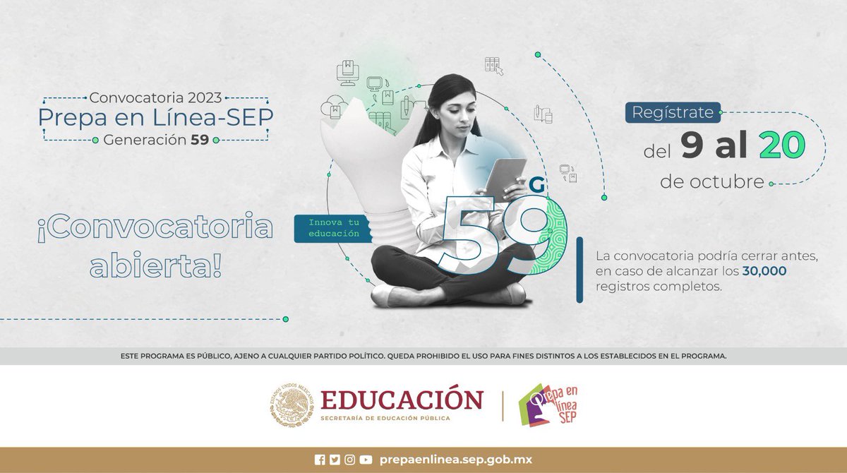 TuAlcaldiaGAM's tweet photo. ¿Quieres estudiar tu preparatoria en línea y con validación oficial de la SEP? 👀 Regístrate en la convocatoria de #PrepaEnLíneaSEP del 9️⃣ al 2️⃣0️⃣ de octubre en el enlace: https://t.co/ai6vFUAGBH

¡No te quedes fuera!
#Convocatoria2023PLSEP
#G59_PL-SEP
#PrepaEnLíneaSEP https://t.co/ClgH3Yrklz