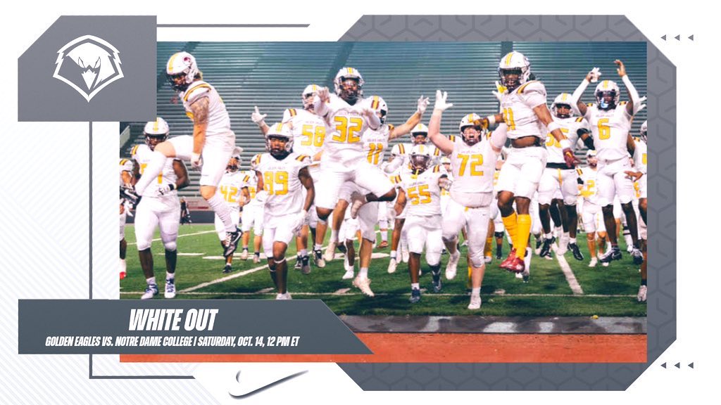 UCWV_Football's tweet photo. It’s going to be a wild one in Chucktown this Saturday as your Golden Eagles take on Notre Dame College at UC Stadium at 12 ET. The nation is taking notice, but we’re just getting started.

5-0 is great, but 6-0 is way better.
#WhiteOut ❄️ 
#WingsUp 🦅 https://t.co/5MUWlBrdpU