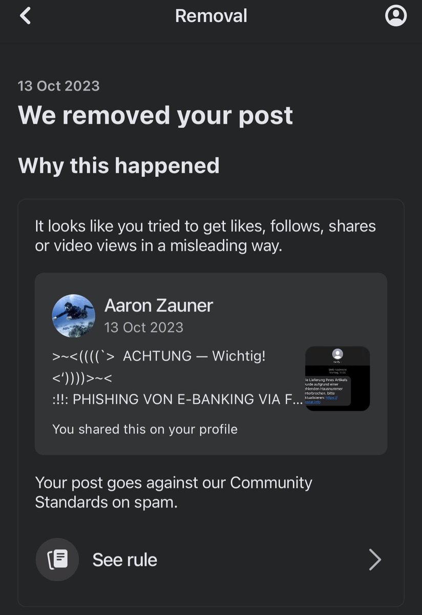 a_z_e_t's tweet photo. .@facebook Logic: write a post warning people about an ongoing phishing camping via SMS that has affected multiple people in my social circle &amp; attempted on myself. Facebook deletes it citing community regulations on spam + trying to get likes by posting misleading stuff. wtf FB? https://t.co/0Bb6BOSwLJ