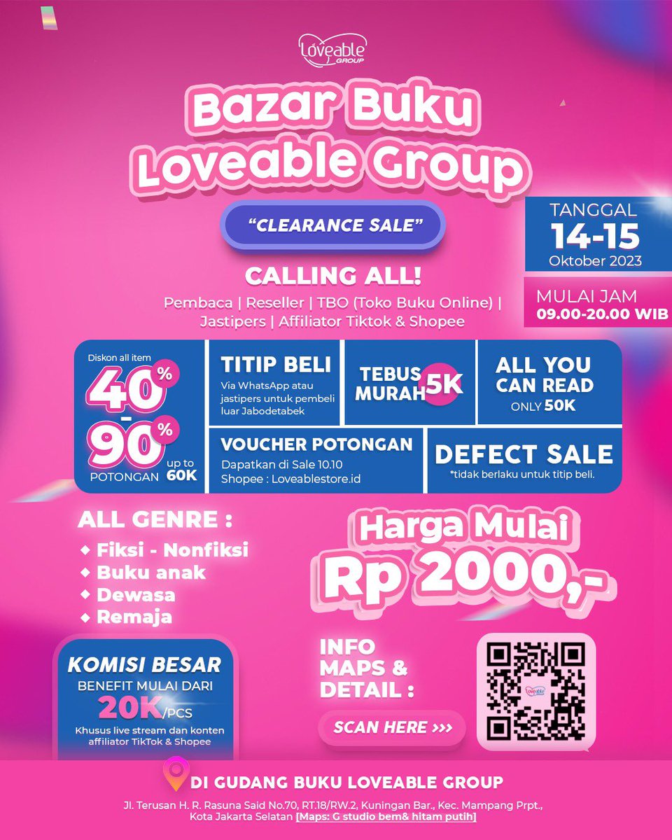 BAZAR BUKU LOVEABLE GROUP💃🏻 
14-15 OKTOBER 2023
Mulai jam 09.00 - 20.00 WIB

Info-info #BBL2023 semua ada di link ini👇🏻
msha.ke/loveablegroup_…