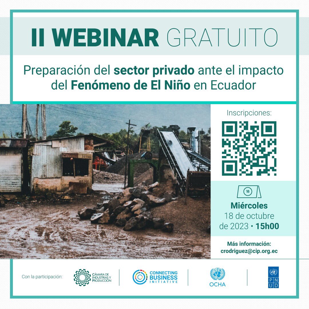 #CIPSostenible 🌱|⚠️La #CIP, con <a href="/Connecting_biz/">Connecting Business Initiative (CBI)</a>, <a href="/PNUDEcuador/">PNUD Ecuador</a> y <a href="/UNOCHA/">UN Humanitarian</a>, realizará un II Webinar para mostrar las acciones anticipatorias del Ecuador para mitigar los efectos del #FenómenoDeElNiño. 
🖋 Regístrate: bit.ly/3LTXeKj 
🗓️ Agenda: bit.ly/3ZQHUEg