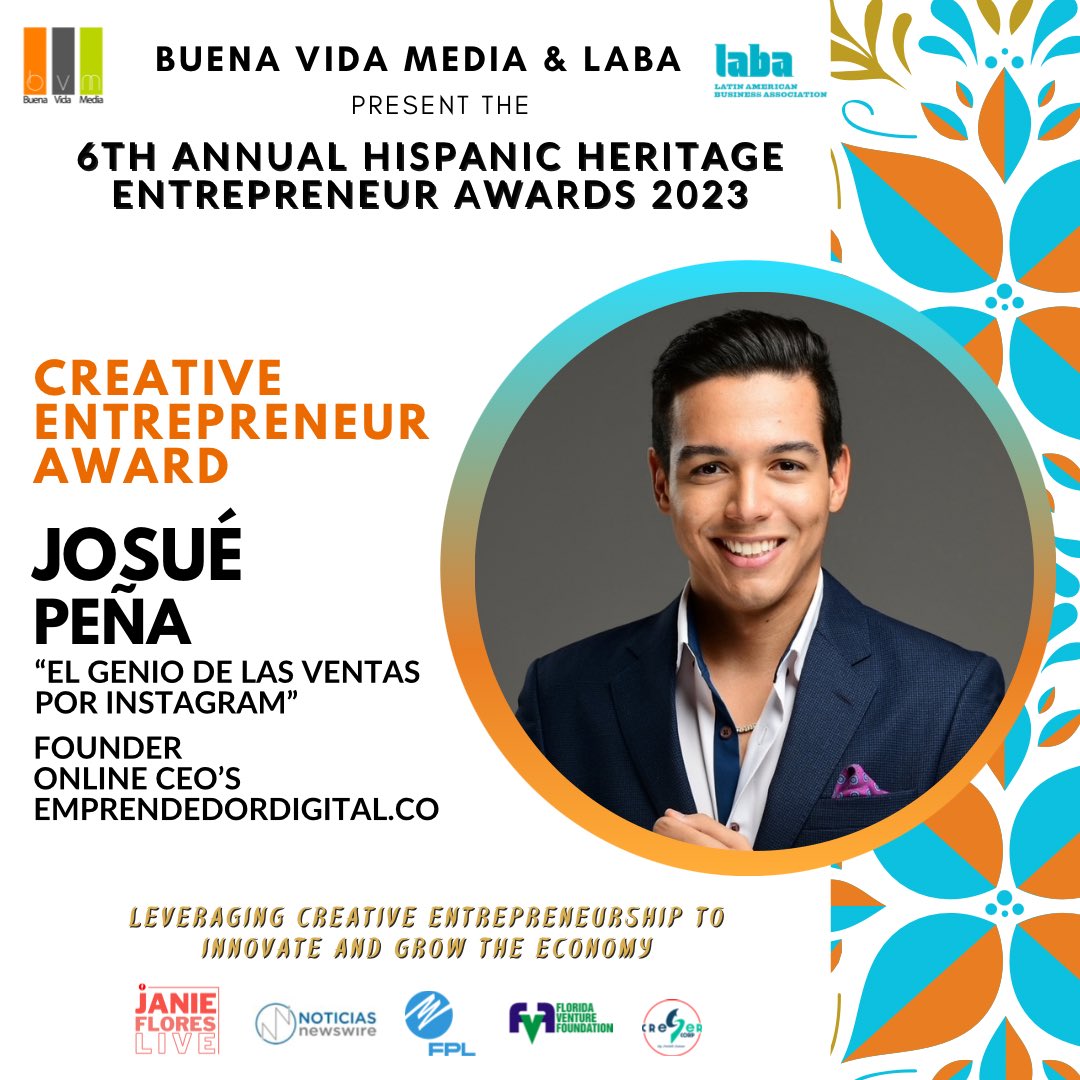 🏵️ <a href="/BuenaVidaMedia/">BuenaVida Media</a> &amp; <a href="/LABA_INFO/">LABA USA</a> present the 6th Annual Hispanic Heritage Entrepreneur Awards

🏵️ Creative Entrepreneur Award: Josué Peña, Founder, OnlineCEOs, EmprendedorDigital.co
<a href="/Josue_pena_page/">JOSUE PENA - ONLINE CEOs</a> 

#HispanicHeritageMonth 
#HispanicEntrepreneur