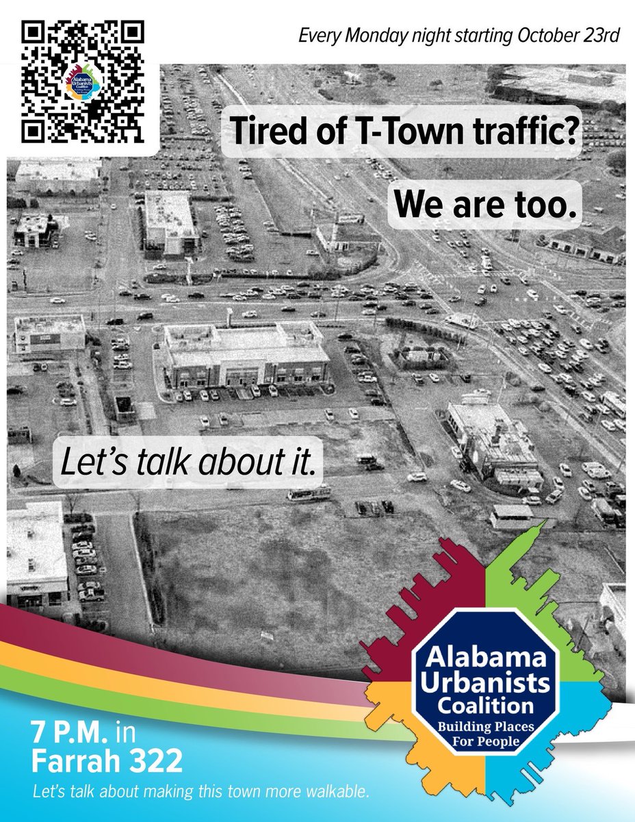 zachbjohnson3's tweet photo. Hi all! I’ve been very busy for the last few months working on new org — Alabama Urbanists Coalition! If you’re in the Tuscaloosa area, come to Farrah Hall 322 on Monday, October 23 (and every Monday after) to talk about making Tuscaloosa a more walkable, connected community! https://t.co/Y1WQn0EP4m