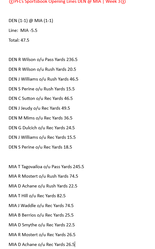 PFL_Report's tweet photo. DEN (1-1) @ (MIA 1-1) Game Sheet https://t.co/VilSVIke8E