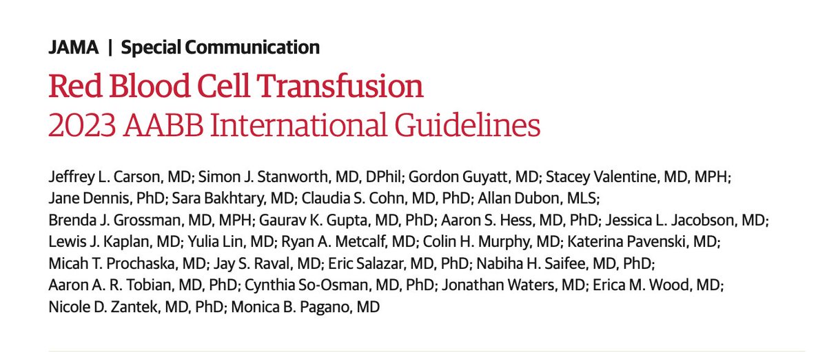 New guidelines on red cell transfusion published today, led by <a href="/AABB/">AABB</a> in collaboration with international organisations including <a href="/ISBTCO/">ISBT Central Office</a> 

doi:10.1001/jama.2023.12914

Provides recommendations for current practice, and identifies important areas where more research still needed