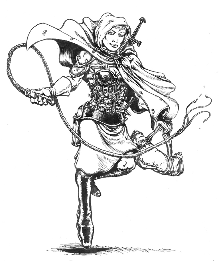 Inktober Day12. Prompt=Spicy. Still in HS: naturally my first female PC = a human Assassin in a black leather corset with a whip. SPICY! Seriously, though, you'll see whips show up all through my HS characters ala Indiana Jones' use of the whip, not just with her.