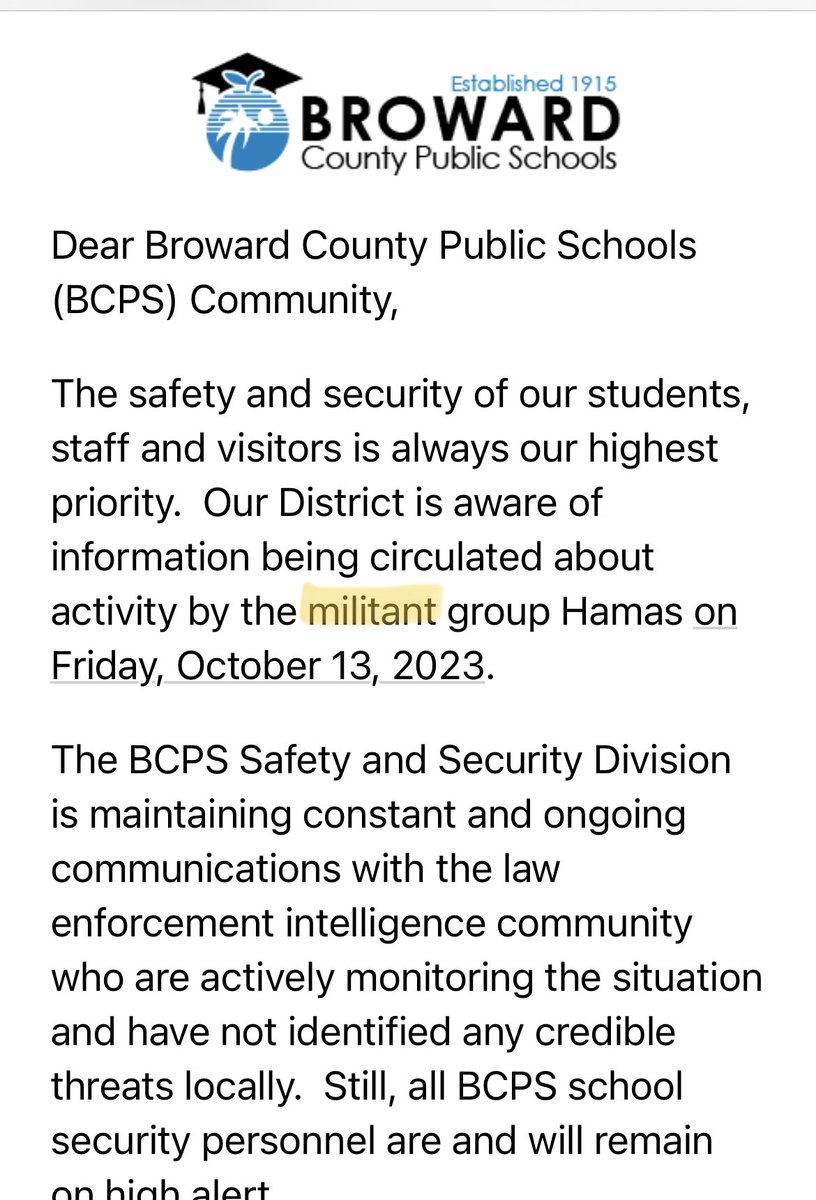Dear <a href="/browardschools/">Broward County Public Schools</a> ,
You mean ‘terrorist’ group, right?
Language matters. Semantics matter.

Militant groups don’t murder innocent  citizens in cold blood. They don’t take hostages. They don’t rape women for fun. Terrorist groups do that.
#BCPSCanDoBetter