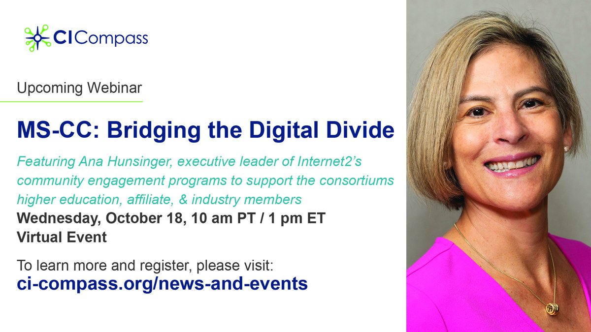 📆 We hope you will join us next Wednesday, Oct. 18, for a @CiCompass webinar featuring the Minority Serving - Cyberinfrastructure Consortium's Ana Hunsinger. Learn more about the webinar topic, speaker, and register here: ci-compass.org/news-and-event…