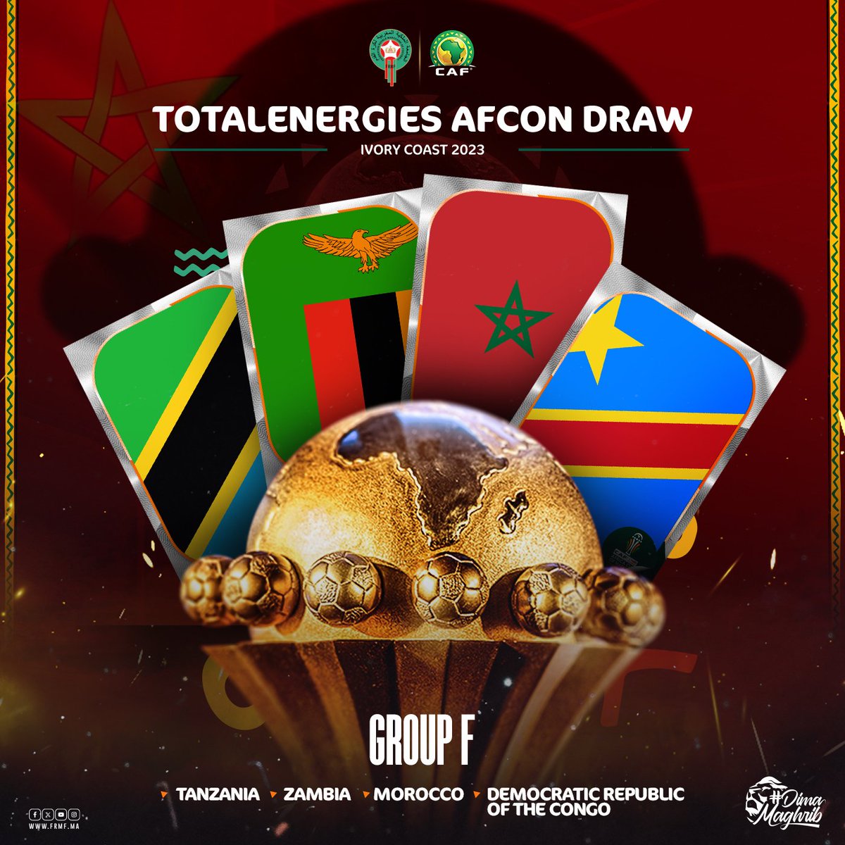 قرعة كأس أمم إفريقيا ساحل العاج 2023 : المغرب في المجموعة السادسة إلى جانب كل من تنزانيا ، زامبيا وجمهورية الكونغو ديموقراطية.

🚨TotalEnergies Africa Cup of Nations Ivory Coast 2023 Draw : Morocco in Group F with Tanzania 🇹🇿, Zambia🇿🇲 &amp; Democratic Republic of the Congo 🇨🇩